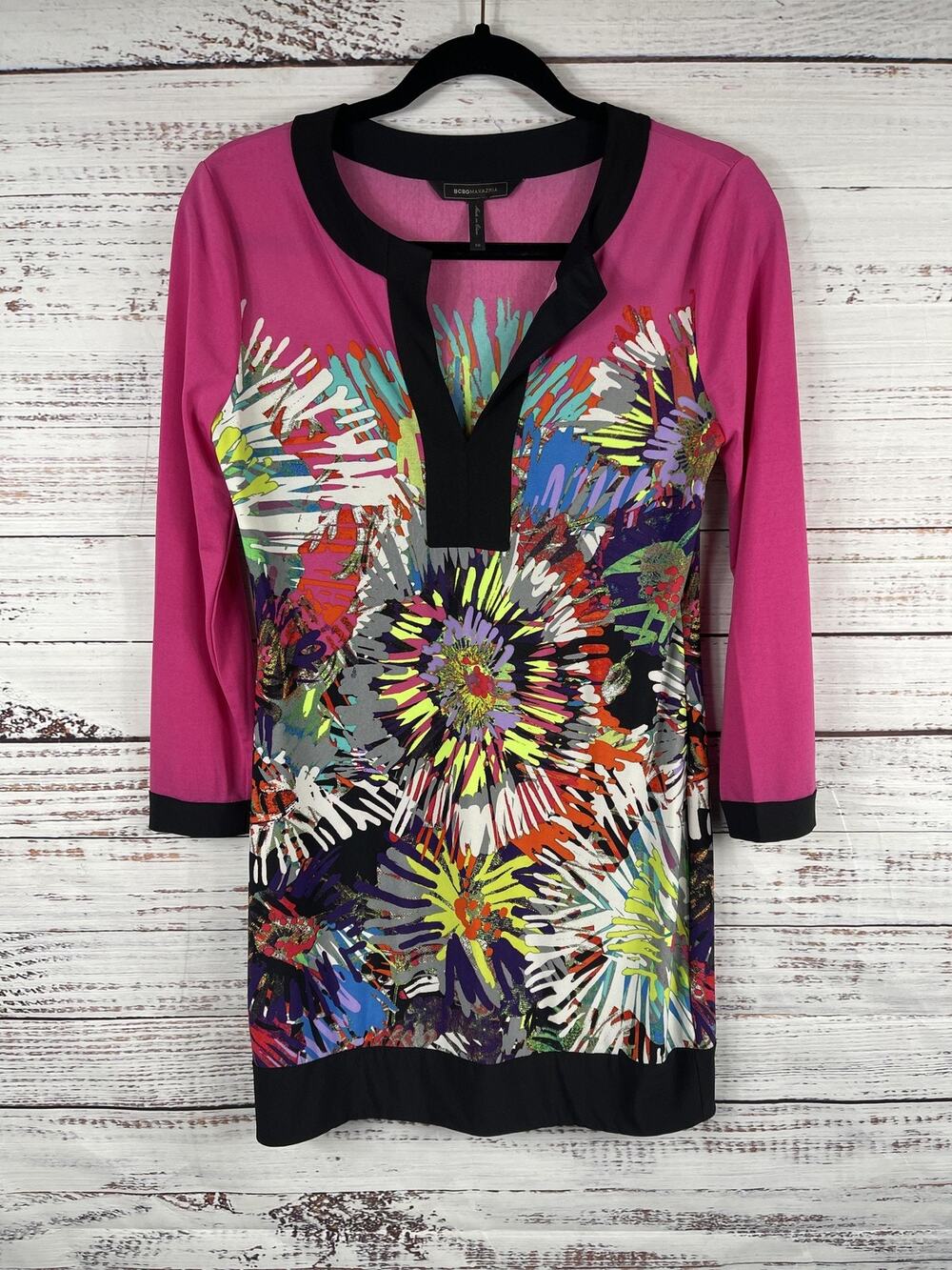 BCBGMAXAZRIA Dress Women's XS Multicolor Abstract Floral 3/4 Sleeve Shift Mini